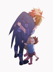  absurdres anna_irving barefoot belt blue_shirt blush bob_cut brown_hair cape cargo_shorts closed_eyes collared_cape dovepopopo elbow_gloves fingerless_gloves gloves hair_between_eyes highres hug kratos_aurion leggings lloyd_irving medium_hair multiple_belts pink_shirt purple_belt purple_cape purple_gloves purple_leggings purple_shirt purple_trim red_hair shirt shoes shorts simple_background skirt sleeveless sleeveless_shirt smile spoilers tales_of_(series) tales_of_symphonia white_background white_shoes 