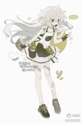  ... 1girl bai_xiong_nailaojuan bare_shoulders black_gloves black_shoes closed_mouth double-parted_bangs dress fingerless_gloves full_body gloves grey_hair hair_between_eyes hand_up highres long_hair mihuashi_username original red_eyes shoes simple_background sleeveless sleeveless_dress sneakers solo spoken_ellipsis standing strap_slip white_background white_dress 