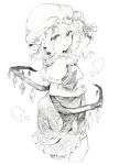  1girl dress dress_lift flandre_scarlet hat hat_ribbon heart highres looking_at_viewer looking_back mob_cap monochrome oshake pencil_crayon_(medium) ribbon side_ponytail smile solo touhou turning wings 