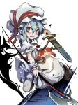  1girl adapted_costume bat_wings blue_hair clenched_teeth dress hat hat_ribbon looking_at_viewer looking_back naginata necktie noya_makoto polearm puffy_sleeves red_eyes remilia_scarlet ribbon short_sleeves solo sword touhou turning weapon white_dress wings wrist_cuffs 