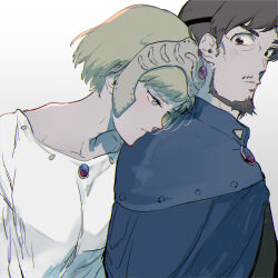  1boy 1girl beard black_eyes blonde_hair blue_cloak blue_eyes blush brown_hair cloak closed_mouth collarbone facial_hair gem grey_background head_on_another's_shoulder head_rest headpiece kaze_no_tani_no_nausicaa kurotowa kushana looking_at_another mustache_stubble red_gemstone serizawa_nae shirt short_hair simple_background stubble upper_body white_shirt 