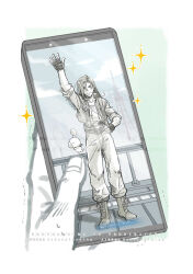  1boy 80850love_fu baggy_pants black_gloves boots cellphone creature dog_tags final_fantasy final_fantasy_viii fingerless_gloves full_body gloves hand_on_own_hip highres holding holding_phone jacket laguna_loire long_hair male_focus moogle pants phone sleeves_rolled_up smartphone smile sparkle trembling waving 