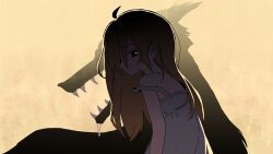  1girl absurdres ahoge black_eyes blonde_hair commentary_request dress film_grain from_side highres long_hair looking_at_viewer orenjipiiru original saliva solo strap_slip white_dress 