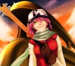  1girl bass_guitar dhiabeibi flcl gloves goggles goggles_on_head haruhara_haruko instrument pink_hair scarf short_hair smile solo yellow_eyes 