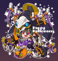  1girl antlers broom broom_riding candy deer_antlers food full_moon green_hair halloween halloween_bucket halloween_costume horns looking_at_viewer mecha mecha_musume moon open_mouth original pointy_ears red_eyes robot smile solo star_(symbol) susagane teeth upper_teeth_only v 