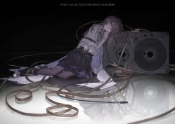  1girl absurdres arknights armor belt black_pantyhose bow brown_hair cassette_player cassette_tape english_text frills hairband highres jacket japanese_armor leaning_on_object long_hair long_sleeves looking_at_viewer lying on_floor open_clothes open_jacket oversized_object pantyhose pleated_skirt priestess_(arknights) puffy_long_sleeves puffy_sleeves reflection reflective_floor ribbon shirt shoes shoulder_armor skirt sode solo violet_eyes white_shirt white_shoes yuraku_(yealsiewa) 