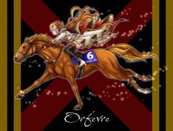  1girl animal barding blonde_hair brown_hair brown_horse character_name closed_mouth coat commentary_request creature_and_personification floating_hair from_side full_body gloves grey_hair high_heels highres holding holding_reins horse horseback_riding leaning_forward long_hair long_sleeves miru_(mill_36) multicolored_hair orfevre_(racehorse) orfevre_(umamusume) personification real_life reins riding saddle shoes sparkle thigh-highs umamusume very_long_hair 