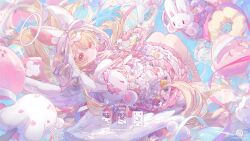  1girl angel animal_ear_fluff animal_ears ankle_lace-up balloon blonde_hair bow dress feathered_wings floating_hair frilled_dress frills hair_bow halo heart_balloon highres long_hair looking_at_viewer original parted_lips pink_bow pink_dress pink_eyes pink_ribbon rabbit_ears ribbon shoes stuffed_animal stuffed_rabbit stuffed_toy umehara_sei white_bow white_halo white_ribbon white_shoes wings 