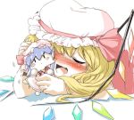 1girl bat_wings blonde_hair blue_hair character_doll closed_eyes flandre_scarlet harusame_(unmei_no_ikasumi) hat open_mouth red_eyes remilia_scarlet short_hair smile solo touhou wings 