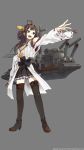  1girl ahoge black_eyes black_legwear boots brown_hair cannon hair_bun hakama_skirt hand_on_hip headgear high_heels highres japanese_clothes kantai_collection kongou_(kantai_collection) konishi_(koconatu) long_hair miko official_art open_mouth outstretched_arm personification solo thigh_boots thighhighs transparent_background turret 