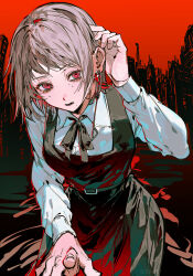  1girl belt chainsaw_man commentary_request dress earrings fami_(chainsaw_man) fingernails fourth_east_high_school_uniform highres ikaooi1 jewelry looking_at_viewer lower_teeth_only mole mole_under_eye mole_under_mouth multiple_moles neck_ribbon parted_lips pinafore_dress ribbon ringed_eyes school_uniform sleeveless sleeveless_dress solo tassel teeth 