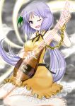  1girl adapted_costume barefoot biwa_lute flower hair_flower hair_ornament highres instrument ju_(old505) long_hair lute_(instrument) musical_note open_mouth purple_hair smile solo touhou tsukumo_benben twintails violet_eyes wink 