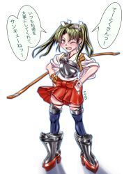  1girl black_thighhighs blue_eyes bow_(weapon) clothing_cutout commentary_request full_body green_hair hakama hakama_short_skirt hakama_skirt hands_on_own_hips highres hip_vent japanese_clothes kantai_collection keraku long_hair muneate one_eye_closed pleated_skirt red_hakama red_skirt rudder_footwear simple_background skirt smile solo thigh-highs translation_request twintails weapon white_background zuikaku_(kancolle) 