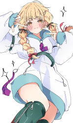  1girl absurdres belt blonde_hair blush boots braid closed_mouth commentary fujita_kotone gakuen_idolmaster green_belt green_boots hair_ornament hairclip highres hood hoodie idolmaster long_hair long_sleeves looking_at_viewer solo thigh_boots twin_braids urishima white_hoodie yellow_eyes zipper zipper_pull_tab 
