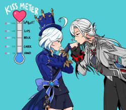  2girls arlecchino_(genshin_impact) black_eyes black_gloves black_pants black_shorts black_streaks blue_background blue_coat blue_eyes blue_hair blue_hat closed_mouth coat colored_inner_hair commentary english_commentary english_text furina_(genshin_impact) genshin_impact gloves grey_coat hat heart highres kiss kiss_meter_(meme) kissing_hand long_hair meme multicolored_hair multiple_girls pants red_pupils reese_(ordinaryreese) shorts simple_background smile white_gloves white_hair yuri 