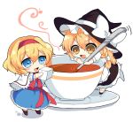  2girls alice_margatroid apron black_dress blue_dress blue_eyes blush bow braid capelet chibi cup dress hairband hat hat_bow kirisame_marisa minigirl multiple_girls open_mouth paragasu_(parags112) puffy_sleeves shirt short_sleeves simple_background single_braid smile spoon sugar_cube teacup touhou waist_apron white_background witch_hat yellow_eyes 