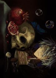  1boy black_background black_gloves blue_butterfly blue_hair bug butterfly cake candle closed_mouth flins_(genshin_impact) flower food fork fruit genshin_impact gloves highres holding holding_fork hourglass looking_at_viewer male_focus oversleep0503 pomegranate sideways skull soap_bubbles solo white_flower yellow_eyes 