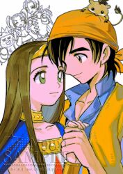  2girls 3boys bandana black_hair blue_cloak blue_shirt brown_eyes brown_hair cloak closed_eyes closed_mouth collared_shirt couple cross_scar dragon_quest dragon_quest_viii dress facial_hair green_eyes hamster hamster_on_head hero_(dq8) hetero highres holding_hands jessica_albert kukuru_(dq8) light_blush light_smile long_hair low_ponytail medea_(dq8) mouyi multiple_boys multiple_girls munchie_(dq8) open_mouth orange_bandana orange_vest ponytail scar scar_on_cheek scar_on_face shirt short_hair smile spiked_helmet stubble tiara twintails upper_body vest white_dress yangus 
