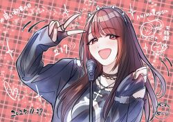  1girl animification bare_shoulders black_gloves black_shirt brown_hair commentary_request dated doodle_inset fingerless_gloves gloves hairband hanamiya_nina hanamiya_nina_(style) hashtag heart highres long_hair long_sleeves looking_at_viewer meiji_(mosamoo3) microphone microphone_stand mole mole_under_eye off-shoulder_shirt off_shoulder plaid_background real_life red_background shirt sleeves_past_wrists solo sparkle spiked_hairband spikes v voice_actor 