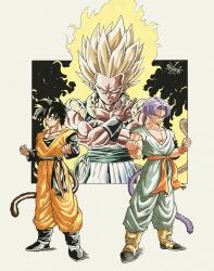  3boys absurdres aura black_hair black_sash black_shirt black_vest blonde_hair blue_sash breakintheh brown_tail cowboy_shot dougi dragon_ball dragon_ball_z full_body gotenks green_pants green_shirt highres medium_hair metamoran_vest monkey_tail multiple_boys muscular muscular_male no_shirt orange_pants orange_sash orange_shirt pants purple_tail sash shirt short_hair son_goten super_saiyan super_saiyan_1 tail trunks_(dragon_ball) v vest white_pants yellow_tail 