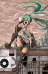  1girl boots detached_sleeves green_eyes green_hair hair_ornament hatsune_miku headphones long_hair megaphone nail_polish necktie pleated_skirt rooftop shouting sitting skirt small_breasts solo tattoo thigh_boots thighhighs twintails very_long_hair vocaloid wind_lift you_(maumauyo) 