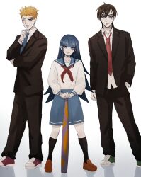  1girl 2boys adoptive_siblings balcony baseball_cap black_jacket black_socks blonde_hair blue_eyes blue_hair blue_necktie blue_skirt blunt_bangs boruto:_two_blue_vortex brother_and_sister brothers brown_shoes facial_mark green_shoes hat highres ifevilwhyuhot jacket kawaki_(boruto) kneehighs loafers long_hair long_sleeves loose_necktie medium_skirt multiple_boys naruto_(series) necktie one_eye_closed puffy_long_sleeves puffy_sleeves red_necktie red_shoes scar scar_across_eye scar_on_face school_uniform serafuku shirt shoes siblings skirt smile sneakers socks untucked_shirt uzumaki_boruto uzumaki_himawari whisker_markings 