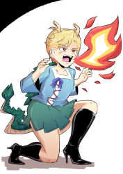  1girl antlers blonde_hair blue_shirt breath_weapon breathing_fire dragon_girl dragon_horns dragon_tail earrings fire fur-tipped_tail green_scales green_tail highres hoop_earrings horns jewelry kicchou_yachie monster_girl open_mouth piercing red_eyes sakamoto_fred scales shirt short_hair simple_background skirt solo square_neckline tail touhou turtle_shell yellow_horns 