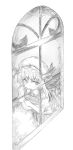  1girl ascot book book_hug faux_traditional_media flandre_scarlet frown greyscale hat hat_ribbon highres holding holding_book kosdsp looking_at_viewer looking_out_window mob_cap monochrome ribbon side_ponytail skirt skirt_set solo touhou window 