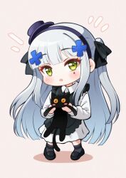  1girl animal apron black_apron black_bow black_cat black_shoes black_socks blush bow cat chibi chibi_only collared_dress commentary dress frilled_apron frills full_body girls_frontline green_eyes hair_bow hair_ornament hairband hat hk416_(black_kitty's_gift)_(girls'_frontline) hk416_(girls'_frontline) holding holding_animal holding_cat jiwon_(sj1) long_hair long_sidelocks long_sleeves looking_at_viewer mini_hat official_alternate_costume open_mouth purple_hairband shadow shoes sidelocks simple_background socks solo tattoo teardrop_tattoo tilted_headwear top_hat two_side_up very_long_hair white_dress white_hair 