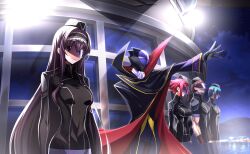  2girls 3boys adjusting_clothes artist_request black_cape black_gloves black_hair black_jacket blue_eyes brown_hair cape code_geass code_geass:_genesic_re;code code_geass:_lost_stories formal_clothes full_body game_cg gloves high_collar highres jacket kouzuki_kallen lelouch_vi_britannia long_hair long_sleeves mask maya_disel multiple_boys multiple_girls non-web_source official_art pants profile purple_pants purple_shoes purple_suit red_hair shoes short_hair standing suit violet_eyes zero_(code_geass) 