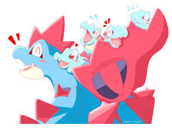  >_< ^_^ blush blush_stickers closed_eyes closed_mouth commentary_request evolutionary_line feraligatr flying_teardrops heart hood hood_down mega_feraligatr mega_pokemon no_humans notice_lines open_mouth pokemon pokemon_(creature) pokemon_focus red_eyes sharp_teeth simple_background sleeping smile spines teeth totodile waniwani_(hyda7523) white_background zzz 