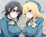  2girls atago_(kantai_collection) black_hair blonde_hair blush breasts bust gloves green_eyes hat hoshihuri jacket kantai_collection large_breasts long_hair military military_jacket military_uniform multiple_girls personification red_eyes short_hair smile takao_(kantai_collection) uniform 
