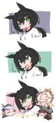  ... 4girls ahoge animal_ears beanie beer_hsk black_hair bow braid brown_eyes brown_hair brown_hat chibi closed_eyes closed_mouth crown_braid dream_journey_(umamusume) ear_bow ear_covers ears_through_headwear forehead gold_ship_(umamusume) green_eyes grey_hat grin gym_shirt hair_between_eyes hat highres horse_ears kin'iro_ryotei_(umamusume) long_hair low_ponytail mini_hat multicolored_hair multiple_girls nakayama_festa_(umamusume) orfevre_(umamusume) parted_bangs ponytail puffy_short_sleeves puffy_sleeves purple_bow shirt short_sleeves smile striped_clothes striped_headwear two-tone_hair umamusume v-shaped_eyebrows vertical-striped_clothes vertical-striped_headwear white_hair white_shirt 