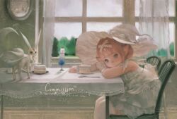  1girl absurdres arms_on_table bare_shoulders blue_eyes cake carbuncle_(final_fantasy) chair commission curtains dress drink final_fantasy final_fantasy_xiv fingerless_gloves food fork glass gloves hairband hat head_rest highres lace_hairband lalafell looking_at_viewer moogle on_chair original pink_hair plate pointy_ears ribbon shacoco short_hair sitting sleeveless sleeveless_dress table tablecloth thigh-highs warrior_of_light_(ff14) white_dress white_gloves white_hairband white_hat white_ribbon white_thighhighs window witch_hat 