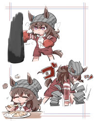  1girl :t animal_ears beanie beer_hsk boxing_gloves brown_hair chibi closed_eyes closed_mouth ears_through_headwear eating eye_trail food garlic grey_hat gym_shorts hair_between_eyes hat highres holding holding_food horse_ears horse_girl horse_tail jacket light_trail long_hair long_sleeves multiple_views nakayama_festa_(umamusume) pizza pizza_slice punching punching_bag red_jacket red_shorts shorts striped_clothes striped_headwear tail tameshiwari track_jacket umamusume vertical-striped_clothes vertical-striped_headwear white_background 