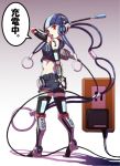  1girl blue_hair breasts cable cellphone cellphone_strap charging crop_top elbow_gloves gloves hair_ornament highres original personification phone power_supply red_eyes robot_ears robot_joints short_hair shorts solo speech_bubble tattoo thigh-highs translation_request you_(maumauyo) 