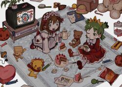  2girls absurdres bag_of_chips blue_eyes cake cake_slice candy chocolate chocolate_bar crossover crown danboo doll doraemon_(character) dress fffkorobka food fork green_eyes grey_hair hat heart heart-shaped_pillow highres jack-o'-lantern knife koiwai_yotsuba lion minamoto_shizuka multiple_girls nobi_nobita one_eye_closed pillow quad_tails red_dress rug straw_hat stuffed_animal stuffed_toy tea teapot teddy_bear television umineko_no_naku_koro_ni ushiromiya_maria white_dress wrapped_candy yotsubato! 