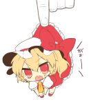  1girl ascot blonde_hair bow chibi fang flandre_scarlet hat hat_bow lifting minigirl mob_cap open_mouth paragasu_(parags112) pov_hands puffy_sleeves red_eyes shirt short_sleeves side_ponytail simple_background skirt solo_focus touhou vest white_background wings 