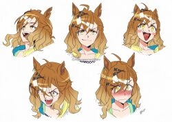  ahoge animal_ears blush blush_stickers braid brown_hair closed_mouth collarbone hair_between_eyes hair_ornament hairclip half_up_braid half_up_half_down_braid highres horse_ears horse_girl jacket jewelry jungle_pocket_(champion's_battle_cry)_(umamusume) jungle_pocket_(umamusume) medium_hair mergeritter multiple_expressions notched_ear open_mouth portrait simple_background smile sweat teeth tongue umamusume white_background yellow_eyes yellow_jacket 