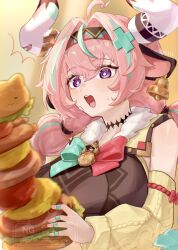  1girl ^^^ ahoge animal_ears aqua_hair arm_bow artist_name bandaid bandaid_on_cheek bandaid_on_face bandaid_on_horn bell bell_earrings blush bow commentary cow_ears cow_girl cow_horns detached_sleeves earrings food fur_trim genshin_impact hair_between_eyes hairband highres holding holding_food horns jewelry long_hair looking_at_food multicolored_hair multicolored_hairband open_mouth pink_hair red_bow solo streaked_hair suwa_(swk_kkk) sweatdrop teeth upper_body varesa_(genshin_impact) violet_eyes watermark white_horns yellow_sleeves 