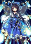  1girl black_hair blue_eyes blush boots bow dress fairy_wings hair_bow highres kazucha long_hair open_mouth smile solo star star_sapphire touhou wings 