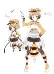  1girl :&lt; antennae bee_girl black_hair bob_cut breasts character_name chibi cleavage dual_persona gloves hand_on_hip hat insect_girl jacket miniskirt monster_girl naso4 orange_eyes original riding_crop short_hair skirt solo striped thigh-highs translated white_gloves 