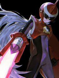  1boy arm_blade armor assault_visor black_background black_bodysuit bodysuit cowboy_shot energy_sword grey_hair helmet highres jinsu_exe long_hair mega_man_(series) mega_man_battle_network_(series) netnavi protoman.exe red_armor red_helmet simple_background solo sword weapon 