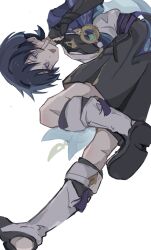  1boy :p akanbe armor belt bent_over black_belt black_bodysuit black_bridal_gauntlets black_hair black_sandals black_shorts blue_kimono blunt_ends bodysuit bridal_gauntlets bridal_legwear cape eyelid_pull eyeliner eyeshadow finger_to_eye fingernails from_below furisode genshin_impact gold_ring hakama hakama_shorts hand_up highres index_finger_raised japanese_armor japanese_clothes juban kimono kote kurokote leg_warmers looking_at_viewer makeup male_focus middle_ring open_clothes open_kimono pleated_shorts purple_cape purple_rope purple_sash red_eyeliner red_eyeshadow rope sandals sash scaramouche_(genshin_impact) shorts shoulder_peek solo stirrup_legwear tassel toeless_legwear tongue tongue_out tsurime violet_eyes wanderer_(genshin_impact) white_background white_kimono white_leg_warmers white_trim wispy_bangs zattasyanko zouri 