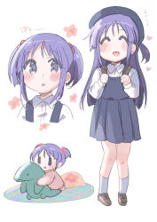  1girl aged_down beret blush brown_shoes closed_eyes commentary_request dress flower_symbol full_body hat heart hinata_yukari long_hair long_sleeves multiple_views open_mouth purple_hair shoes simple_background socks stuffed_dinosaur tatsunokosso twintails white_background white_socks yuyushiki |_| 