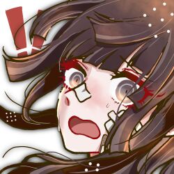  ! !! 1girl bandage_on_face bandage_on_nose bandages bandaid black_hair close-up commentary_request danganronpa_(series) danganronpa_2:_goodbye_despair eyelashes kiri_(2htkz) long_hair nervous_sweating open_mouth simple_background solo sweat tsumiki_mikan white_background 