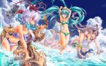  4girls armpits arms_up bikini clouds diving_mask dutch_angle fish goggles goggles_on_head gumi hatsune_miku highres ia_(vocaloid) jumping kagamine_len kagamine_rin kaito kamui_gakupo lobster long_hair megurine_luka mouth_hold multiple_girls nail_polish naka_(nicovideo14185763) navel open_mouth riding side-tie_bikini sky snorkel swimsuit takoluka twintails very_long_hair vocaloid water yuzuki_yukari 