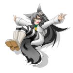  1girl animal_ears black_eyes black_hair boots coat fang fox_ears fox_tail karaage_(ta-na) long_hair open_mouth original outstretched_arms pantyhose payot pointing shadow solo striped striped_legwear tail 
