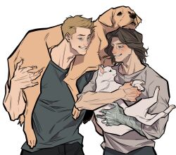  2boys animal black_pants blonde_hair blue_eyes brown_hair bucky_barnes captain_america:_the_winter_soldier captain_america_(series) cat dog grey_shirt highres holding holding_animal holding_cat holding_dog irispardom light_blush male_focus marvel mechanical_arms medium_hair multiple_boys pants parted_bangs parted_lips prosthesis prosthetic_arm shirt short_hair single_mechanical_arm smile steve_rogers teeth upper_body white_background white_cat 