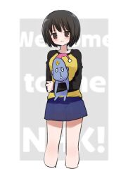  1girl :< :| arms_under_breasts black_hair black_shirt blue_skirt blush bob_cut border brown_eyes closed_mouth commentary copyright_name creature cropped_legs denim denim_skirt english_text grey_background hat hikikomori_alien holding holding_creature long_sleeves looking_at_viewer nakahara_misaki nhk_ni_youkoso! no_pupils outside_border pink_hat pom_pom_(clothes) raglan_sleeves ri_(qrcode) shirt short_hair skirt solo standing text_background two-tone_background two-tone_shirt white_background white_border yellow_shirt 